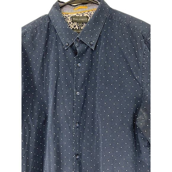Men Wall Street Button Dot Contrast Navy Shirt Long Sleeve Classic Fit L 3915 - Picture 3 of 7